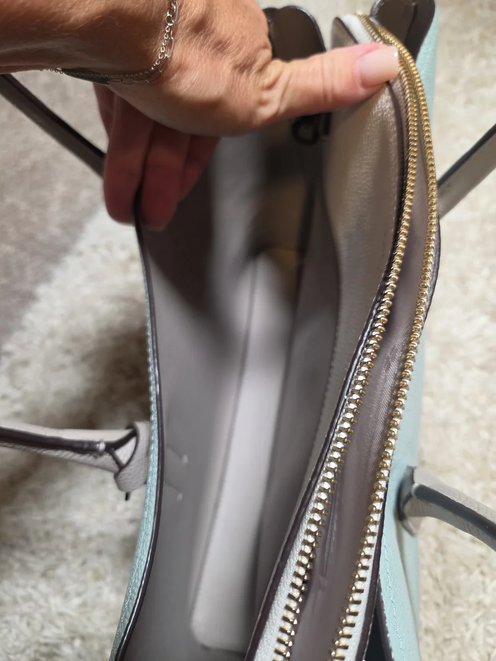 Kate Spade Pebbled Leather Satchel in Light Teal and White